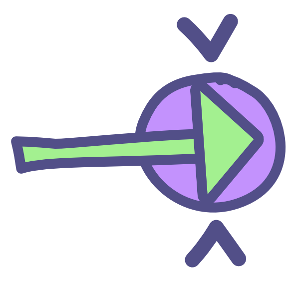 a purple circle sits at the right side of the screen, 2 small purple arrows point to it from above and below. Inside the circle is a green triangle pointing right. This triangle makes up the end of an arrow that starts off of the circle on the right side of the screen.